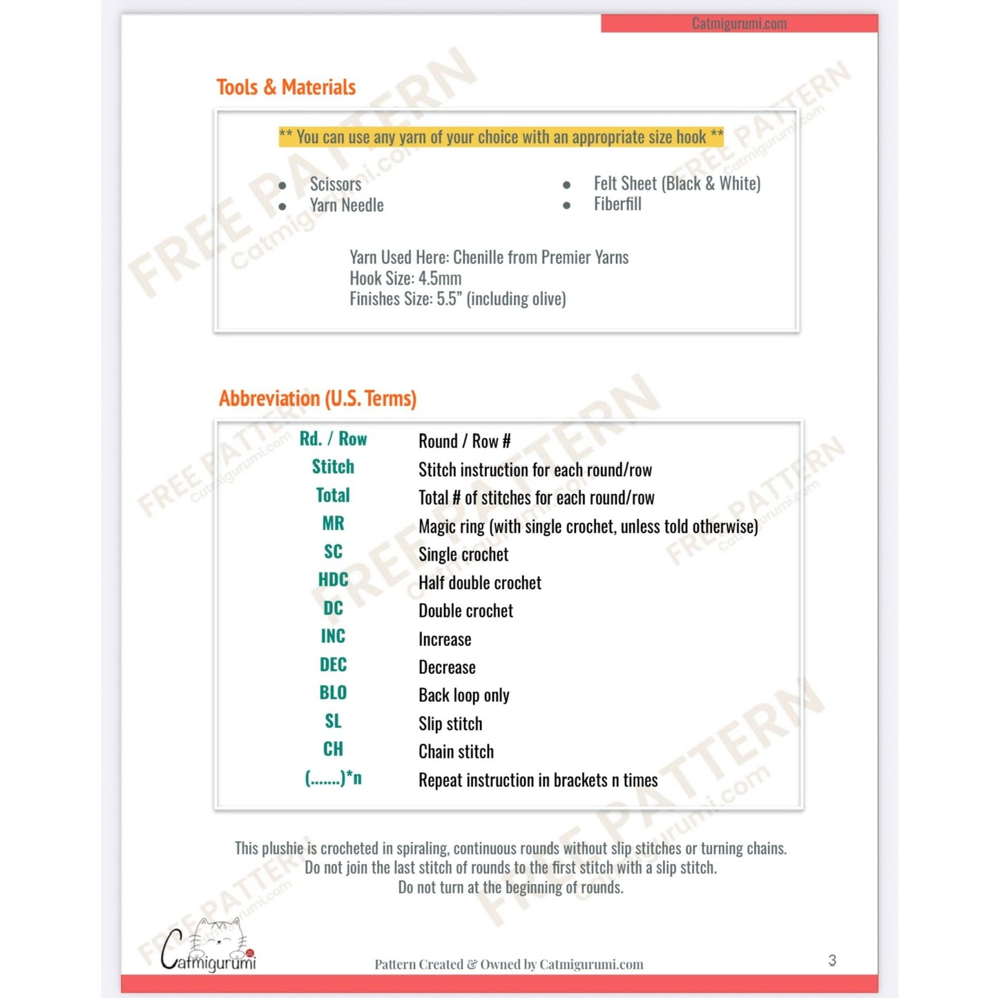Preview of the free Smoliv amigurumi crochet pattern PDF Tools, Material & Aberrations 