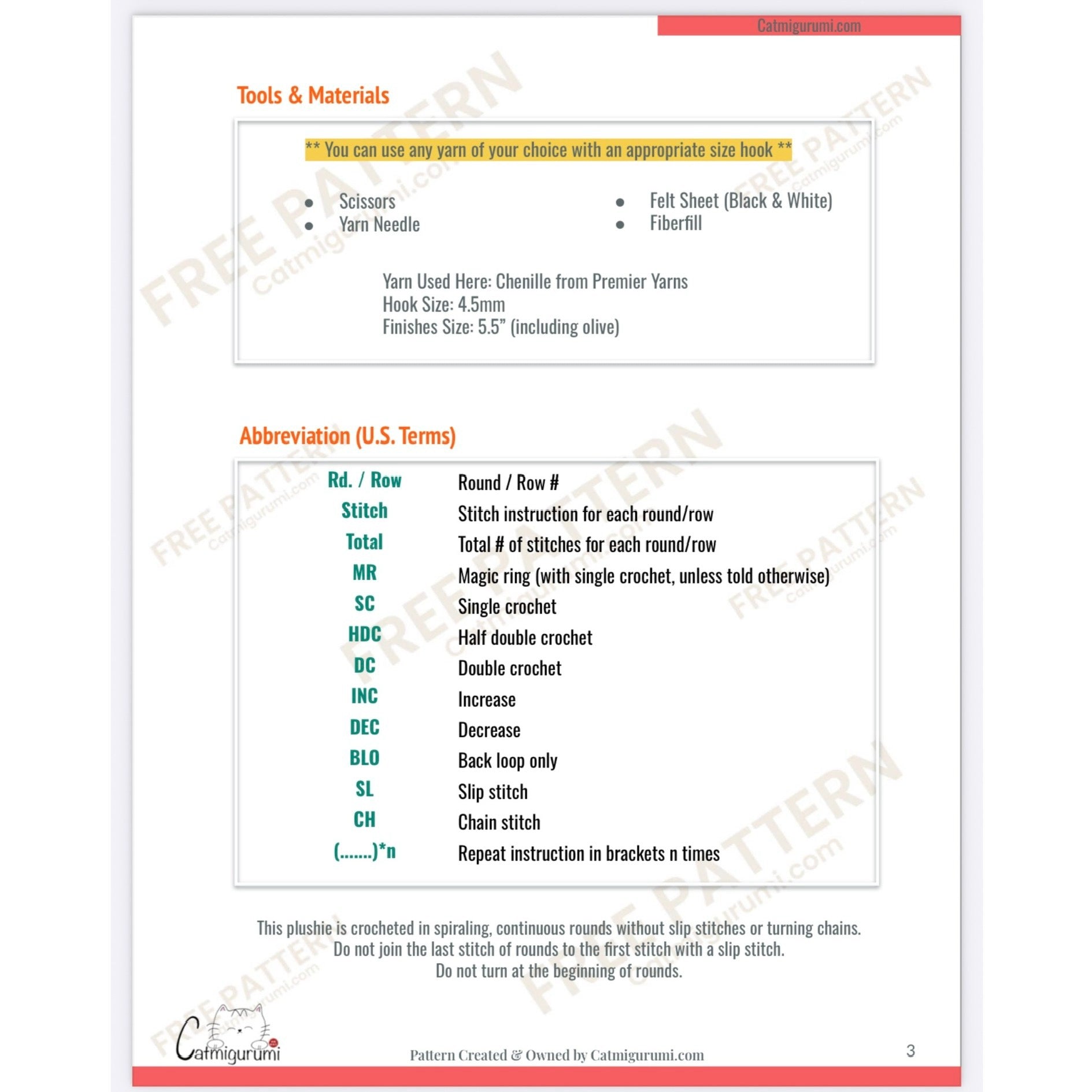 Preview of the free Smoliv amigurumi crochet pattern PDF Tools, Material & Aberrations 