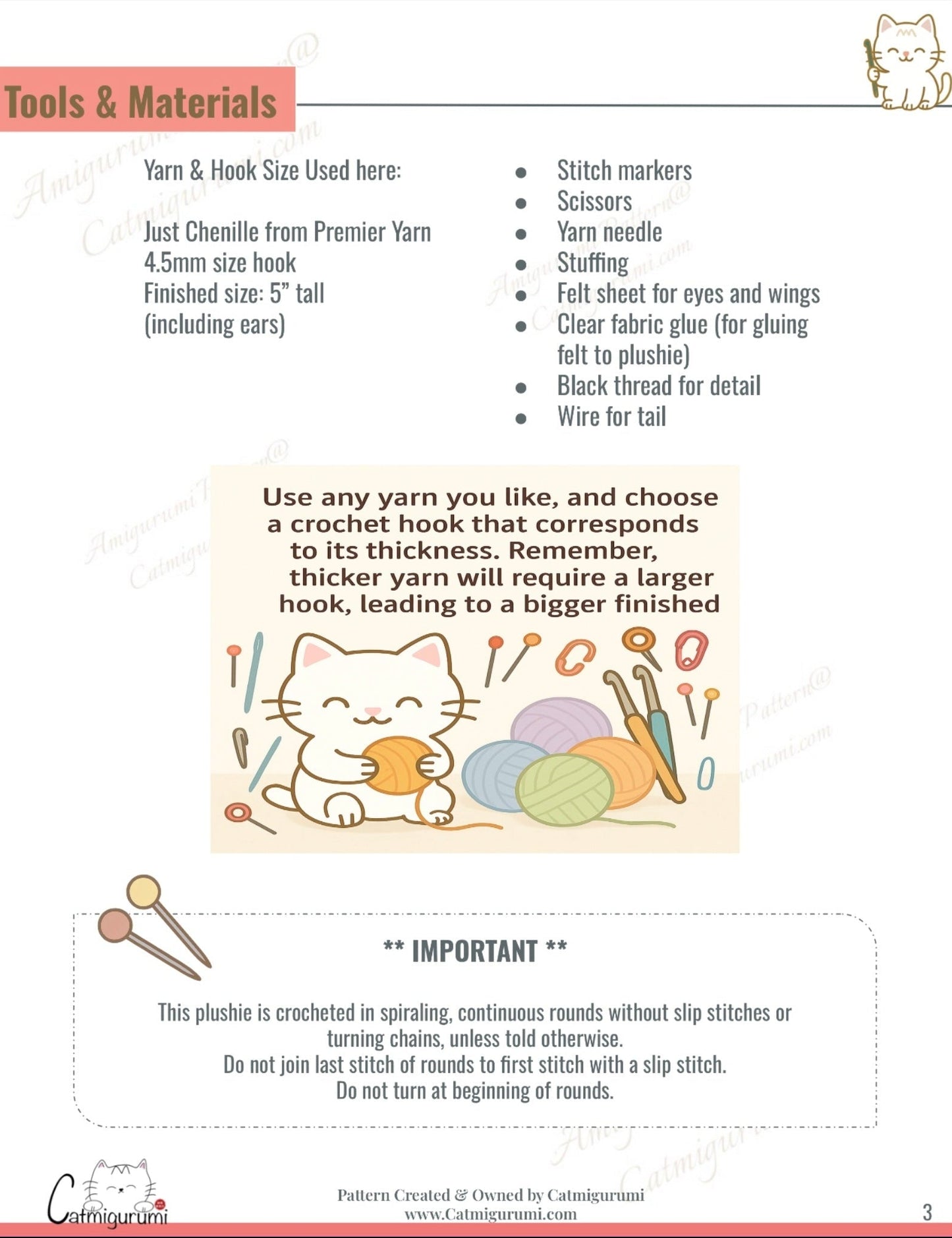 magic cat amigurumi crochet pattern tool and materials