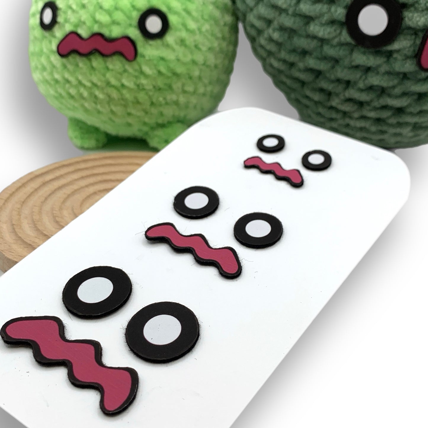 Close up of Olive Sprout felt facial set for crochet plush toys