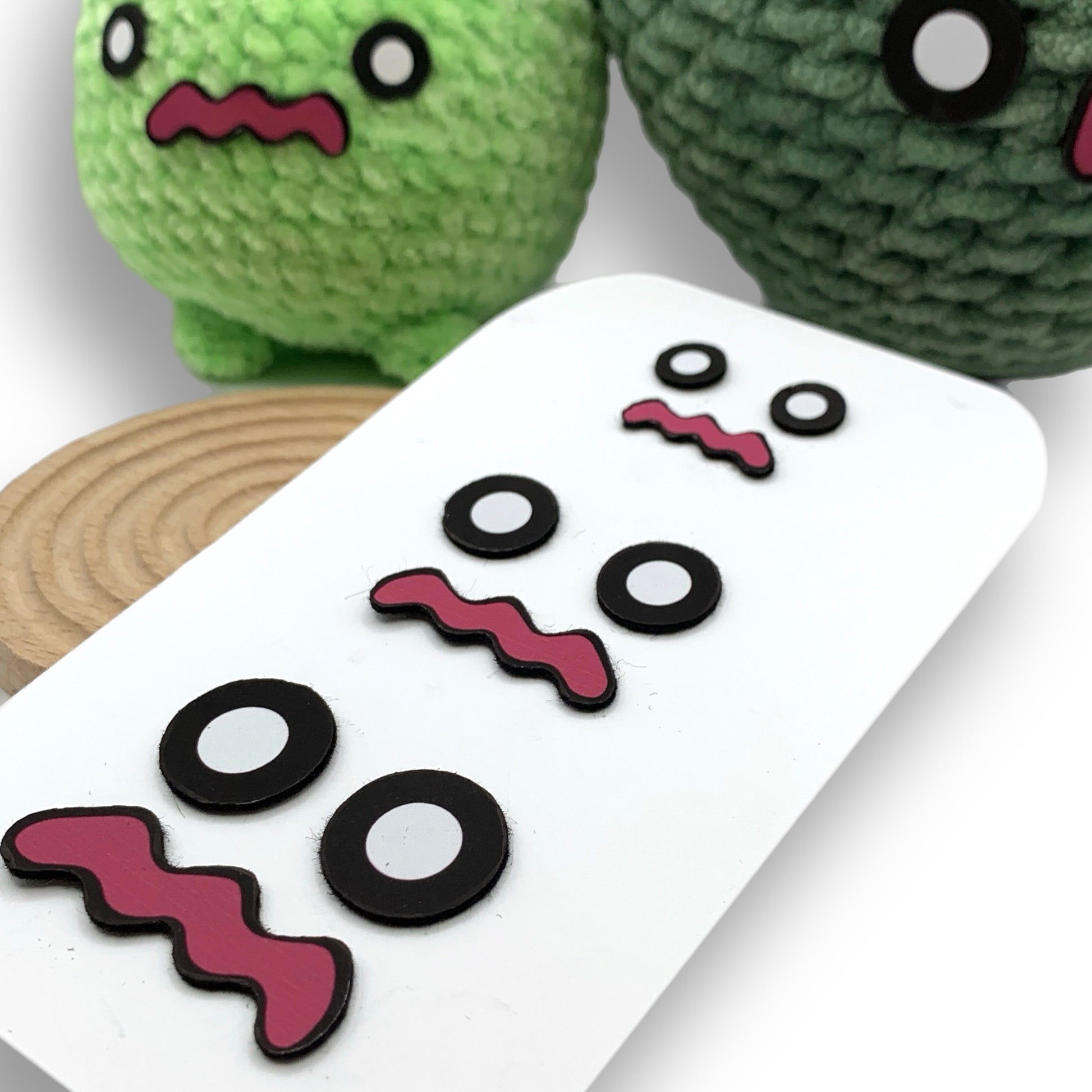 Close up of Olive Sprout felt facial set for crochet plush toys