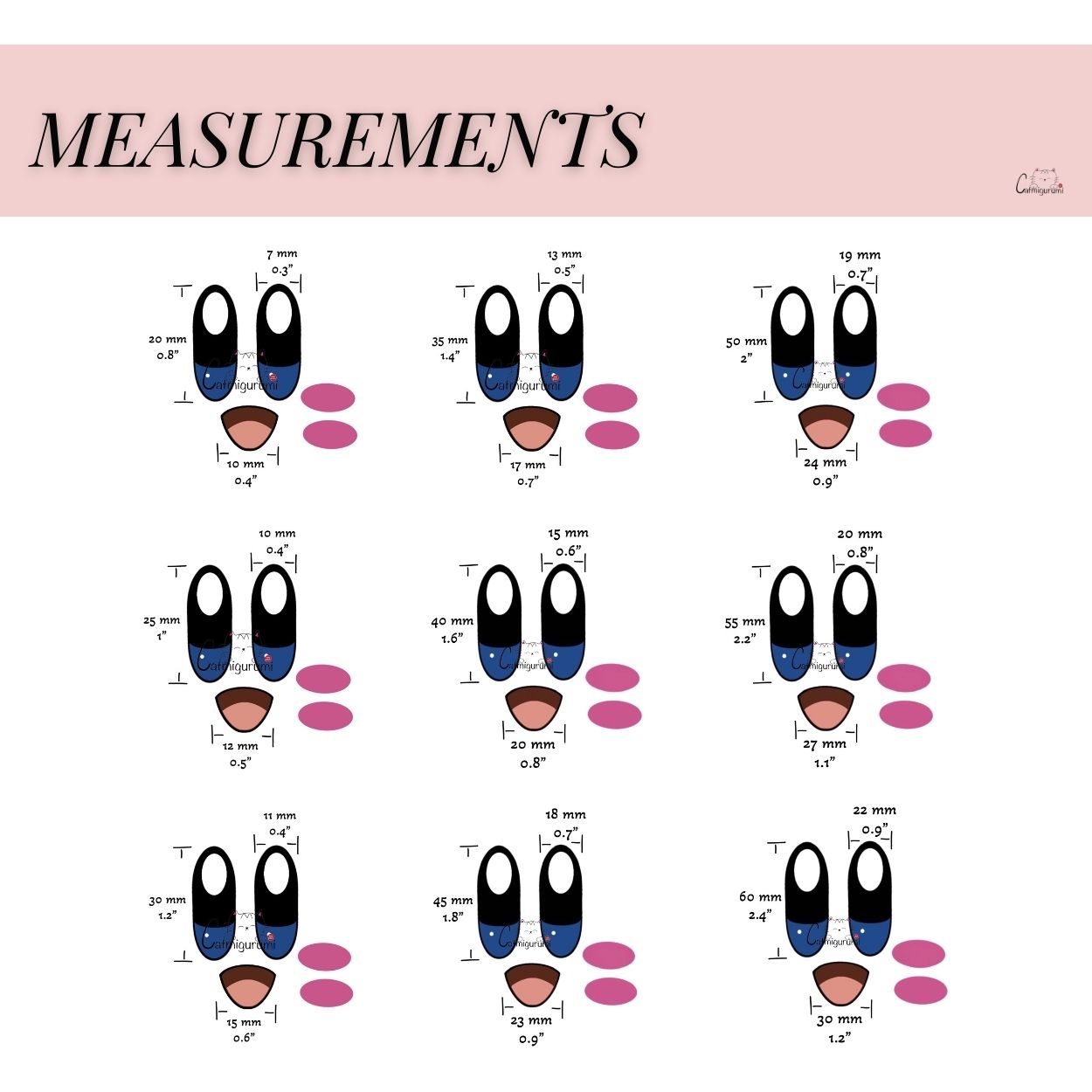 Pink Puffball felt facial set for amigurumi size chart