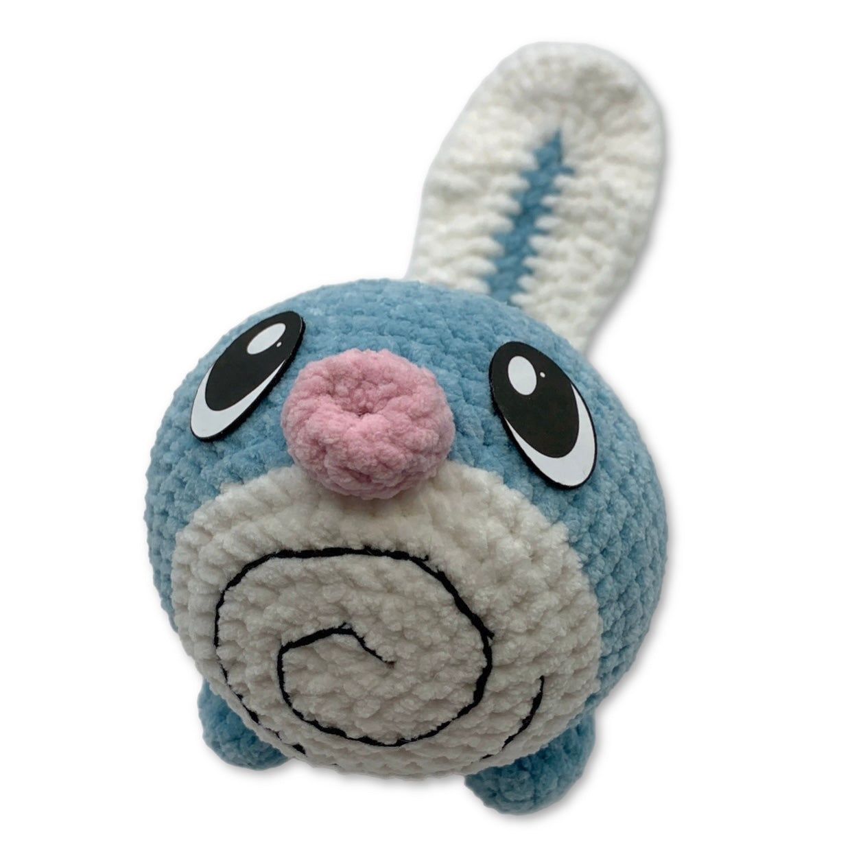 Swirly Tadpole felt eyes used on handmade amigurumi plush toy top