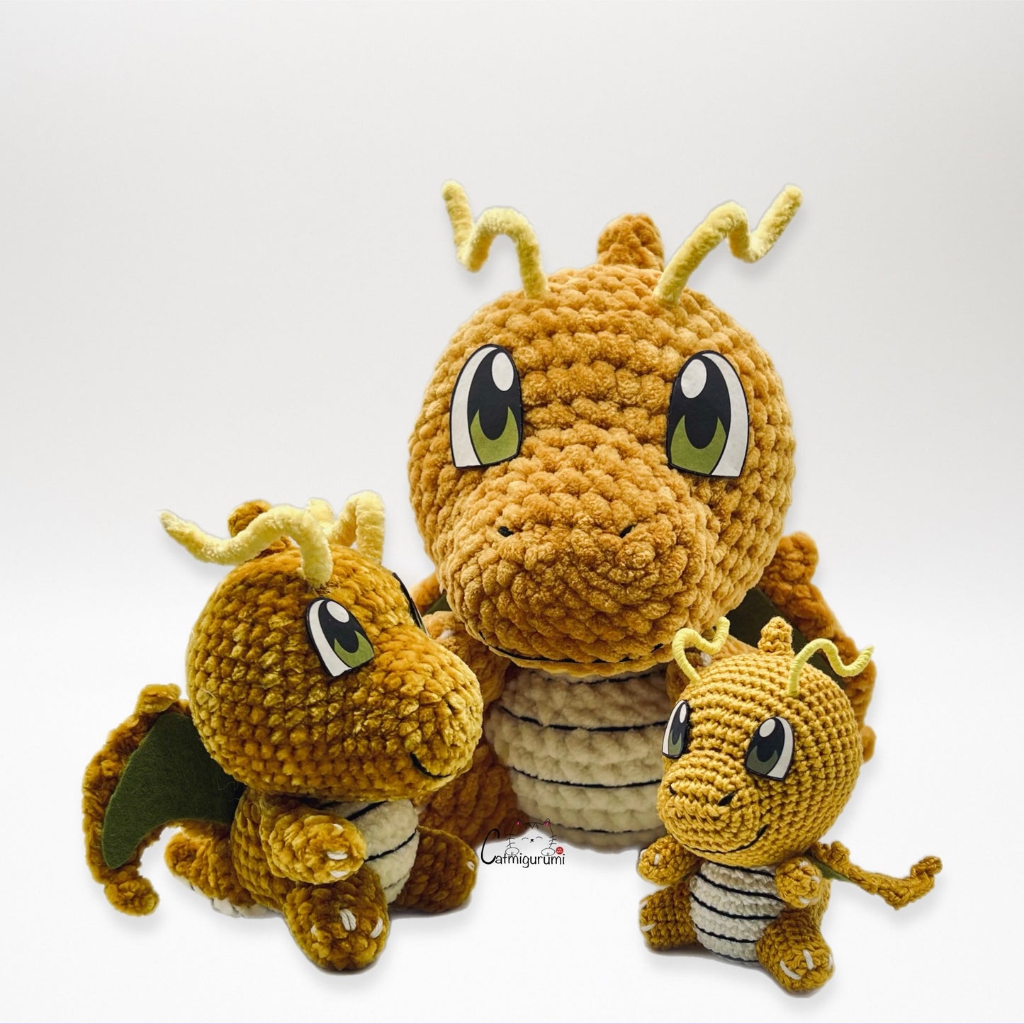 Flying yellow dragon amigurumi plush shown from multiple angles