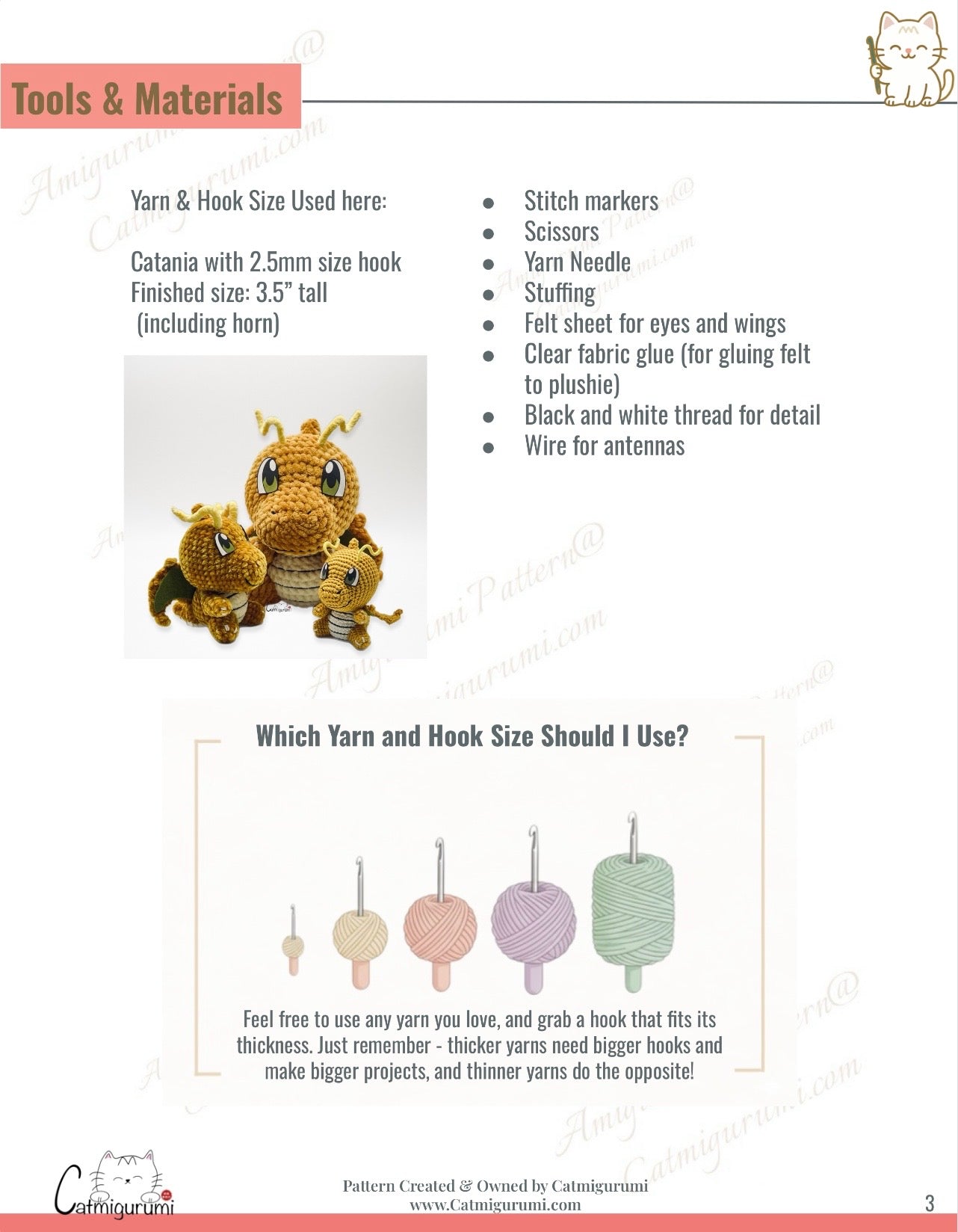 Tools and materials needed for flying yellow dragon amigurumi crochet pattern